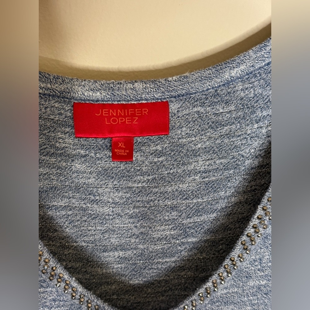 Jennifer Lopez JLo V-Neck 3/4 Open Sleeve Rhinestone Blue Top Women’s XL Shirt - Picture 3 of 6